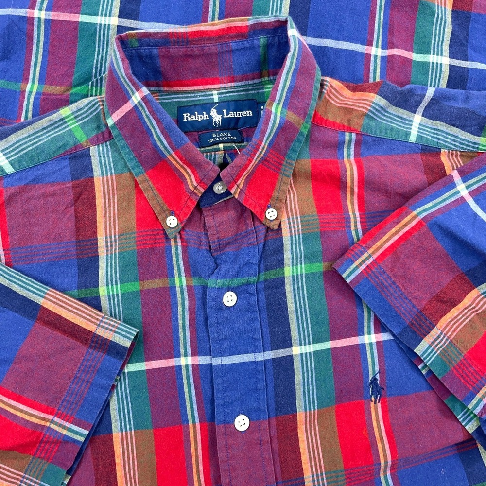 Ralph Lauren Shirt MenMedium Red Blue Button Up Madras Plaid Blake India VTG Y2K